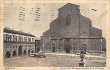 A997) BOLOGNA PIAZZA VITTORIO EMANUELE AND FACADE OF S. PETRONIO TRAM TRAVELLED.