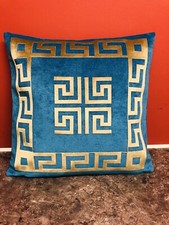 Greek Border Scribble Turquoise & Gold Border decorative Pillow Throw Cover 17”