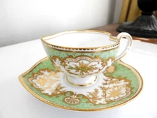 Antique Spode Copeland Footed Embossed Heart - Shaped Cup & Saucer Green - NICE!