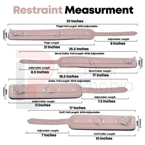 Real Cow Leather Wrist, Ankle, Thigh Cuffs, Collar Restraint Bondage Set 7 Piece