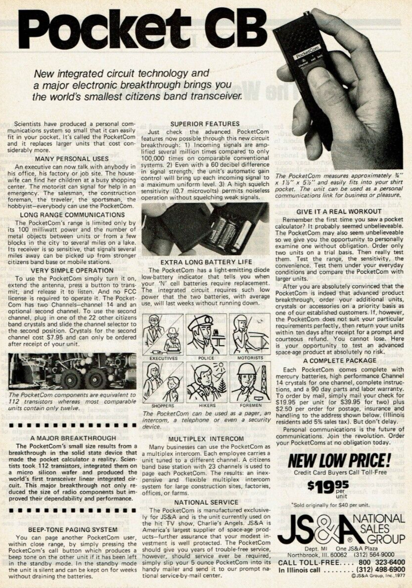 1977 Vintage Print Ad JS&A PocketCom Pocket CB Small Citizens Band Transceiver