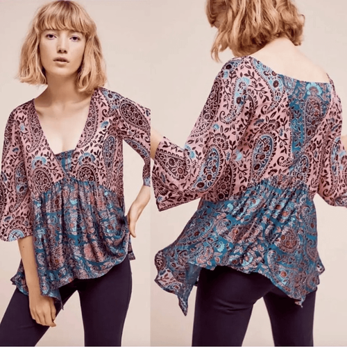 Anthropologie Floreat Valo Velvet Burnout Silk Blend Blouse Tunic Top M - Picture 4 of 5