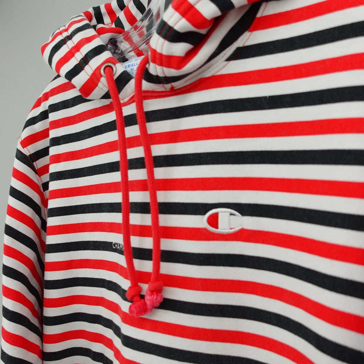 Champion Reverse Weave Hoodie Womens Small Red Black White Striped Drawstring