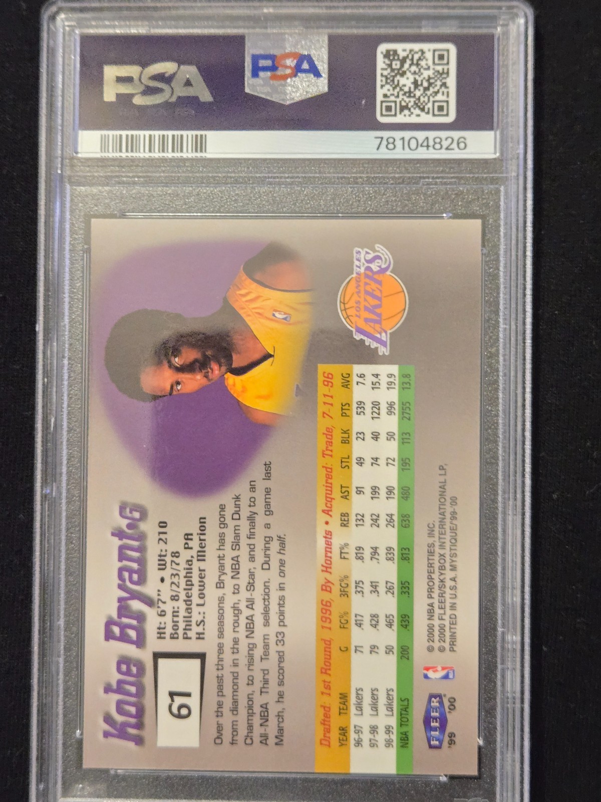 1999 FLEER MYSTIQUE KOBE BRYANT REFRACTOR #61 GRADED PSA 9 MINT view 3