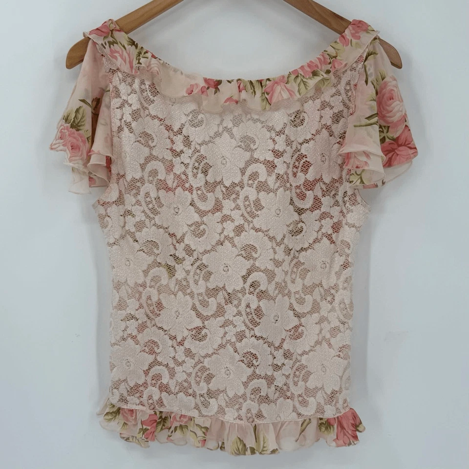 Conjunto de pijama vintage de encaje floral Y2K Victoria’s Secret estampado rosa talla grande Foto 3 de 4