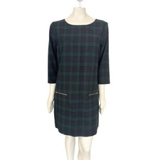 GAP Black Watch Tartan Plaid 3/4 Sleeve Zip Pocket Shift Dress Green Navy LARGE