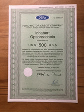 Historyczny opcjonariusz 1987 silnik Forda - warrant 500$ - dekoracja papieru właściciela