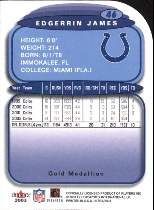 2003 Ultra Gold Medallion #46 Edgerrin James - FB - Image 2 of 2