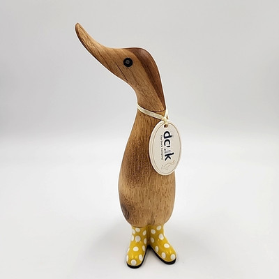 DCUK Spotty Boots Duckling Bamboo Wood Duck YELLOW Polka Dot Welly Hand Carved