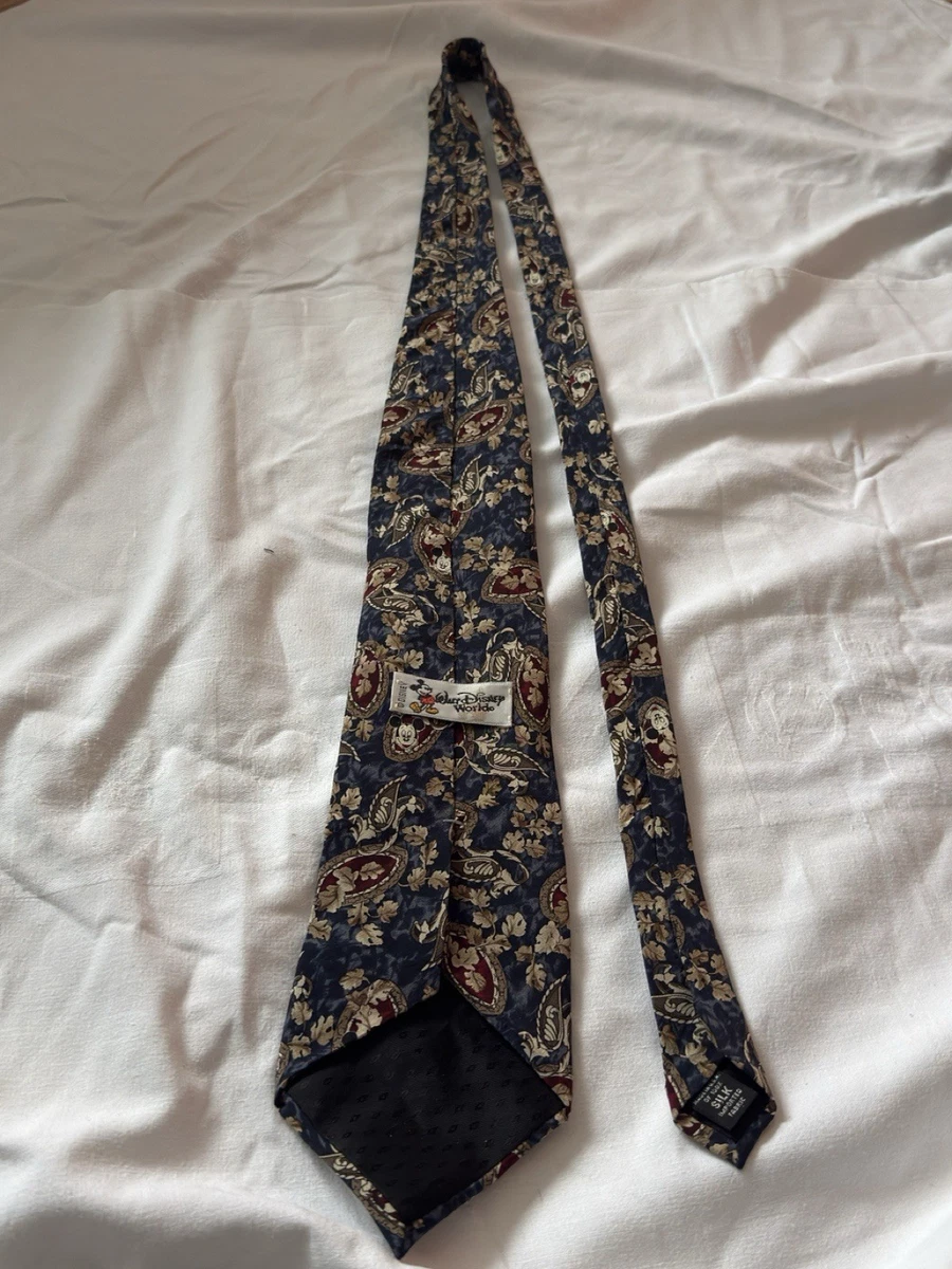 Walt Disney World Mickey Mouse 100% Silk Tie USA Navy Paisley Floral 3.9" Wide