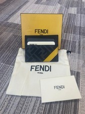 Fendi Grey Fabric Cardholder Card Case Wallet FF Logo With Black Leather Insert