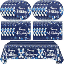 Navy Blue and Sliver Birthday Decorations Happy Birthday Party Tableware Set Hap