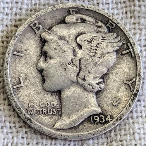 1934 D Mercury Dime VG/Fine : Low Mintage 6.7M (15K Left) - .9 Fine Silver Coin