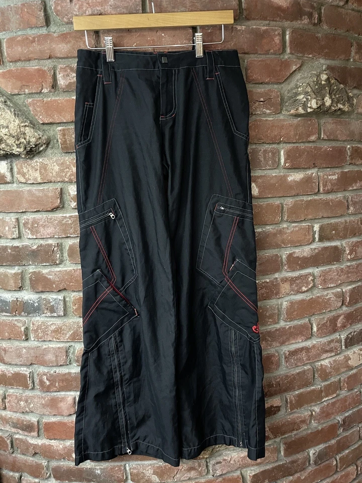 Vintage 90s Y2K Caffeine Rave Nylon Pants Size 1 Wide Leg Cargo Pockets