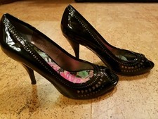 Betsey Johnson Black Peep Toe Black Heels with gold hearts