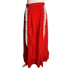 Vintage 70s Soft Corduroy Skirt S Red Lace Ruffle Prairie Cottage Core