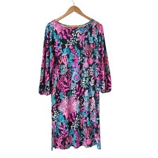 Lilly Pulitzer Shae Knee Length Dress XS Coral Print Black Pink 3/4 Sleeves