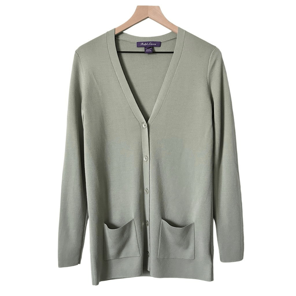 Cárdigan Suéter Ralph Lauren Etiqueta Púrpura Lana Seda Botón Frontal Salvia Talla M