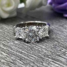 8mm Round Cut VVS1 Moissanite Three Stone Engagement Ring 14K White Gold Plated