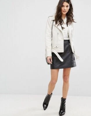 Damen Weiße Lederjacke Echtes Weiches Lammleder Biker Motorrad Gürtel Mantel - Bild 1 von 4