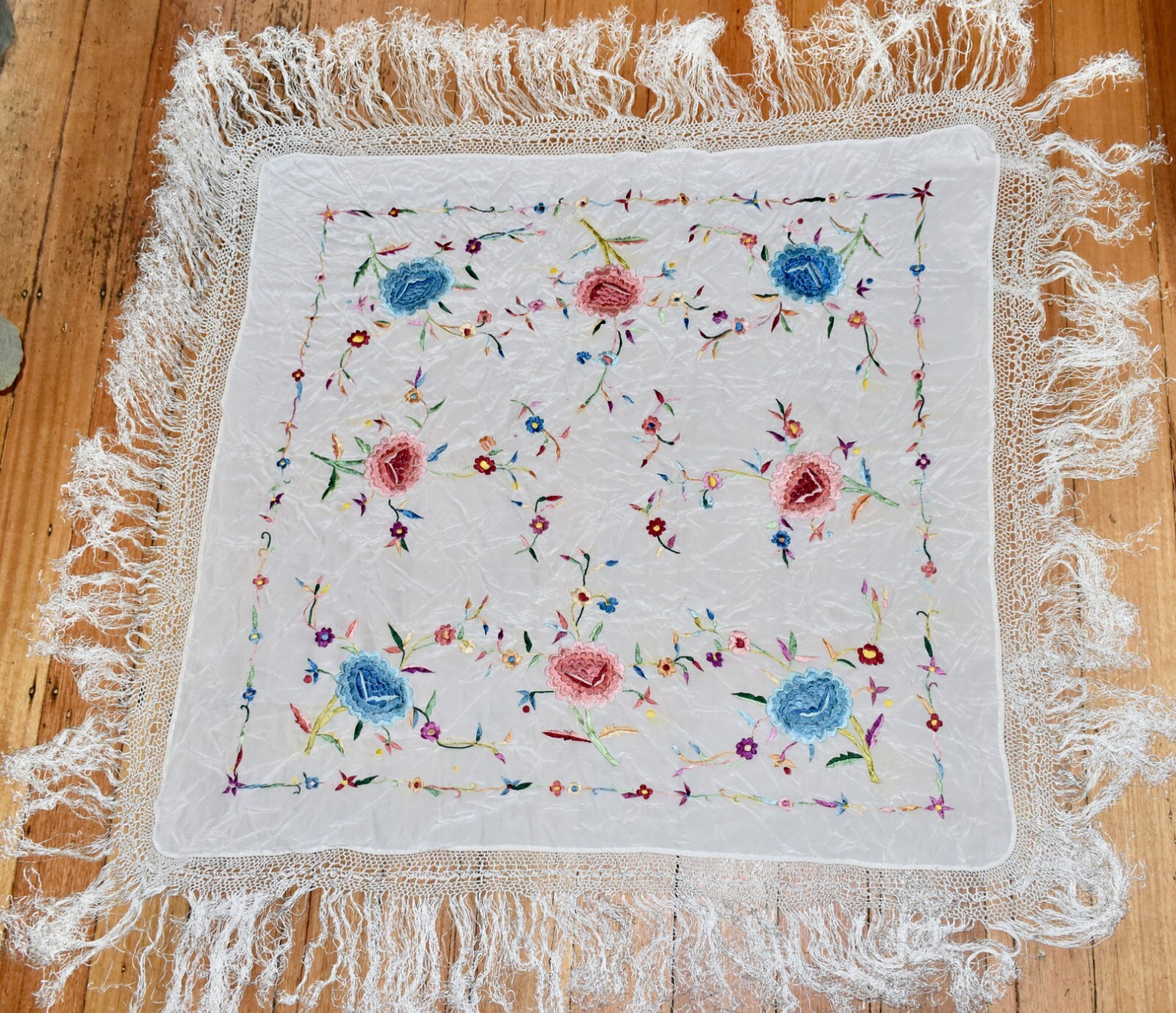 Superb Double Side Embroidered Vintage Manton De Manila Flamenco PIANO SHAWL