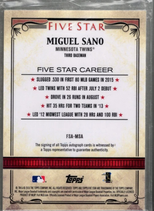 A7569- 2016 Topps Five Star Autographs #FSAMSA Miguel Sano RC Auto - ( ROOKIE) - Image 2 of 2