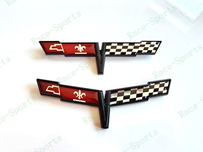 #ad 2PC Black FRONT NOSE Rear Gas Lid Crossed Flag Emblem Badge 1981 C3 Corvette $44.80
