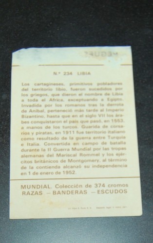 Vintage Publicity Card (LIBYA) COLLECTION OF RACES, FLAGS & SHIELDS- SPAIN - Picture 2 of 3