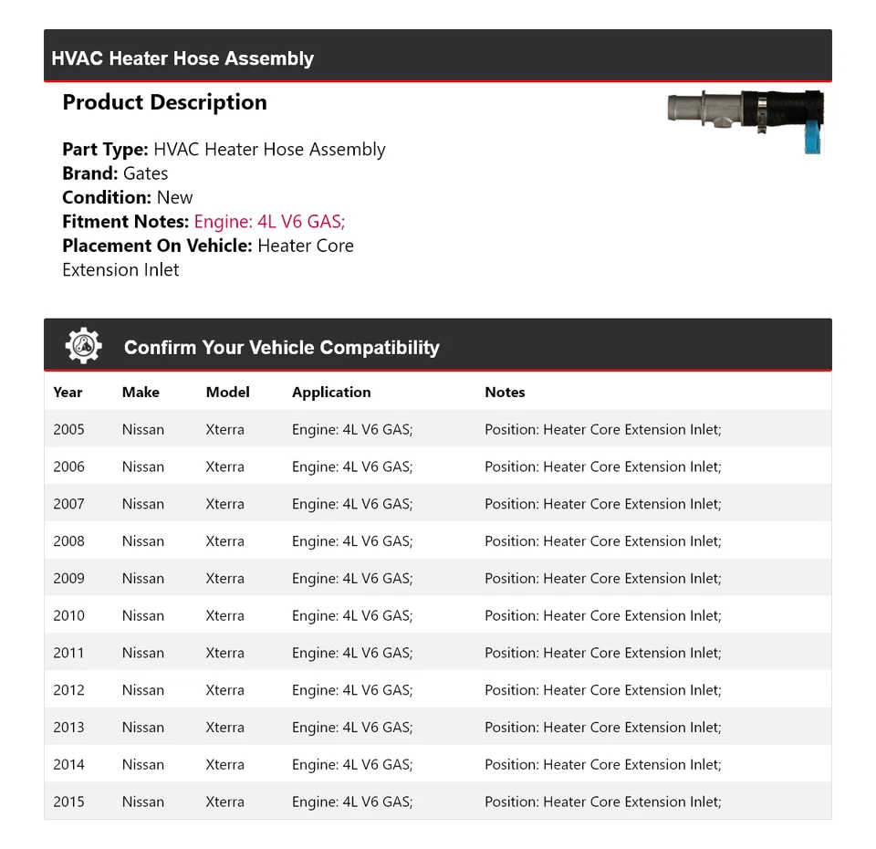 Puertas de montaje de manguera de calefacción para Nissan Xterra 2005-2015 2006 2007 2008 2009 Foto 2 de 3