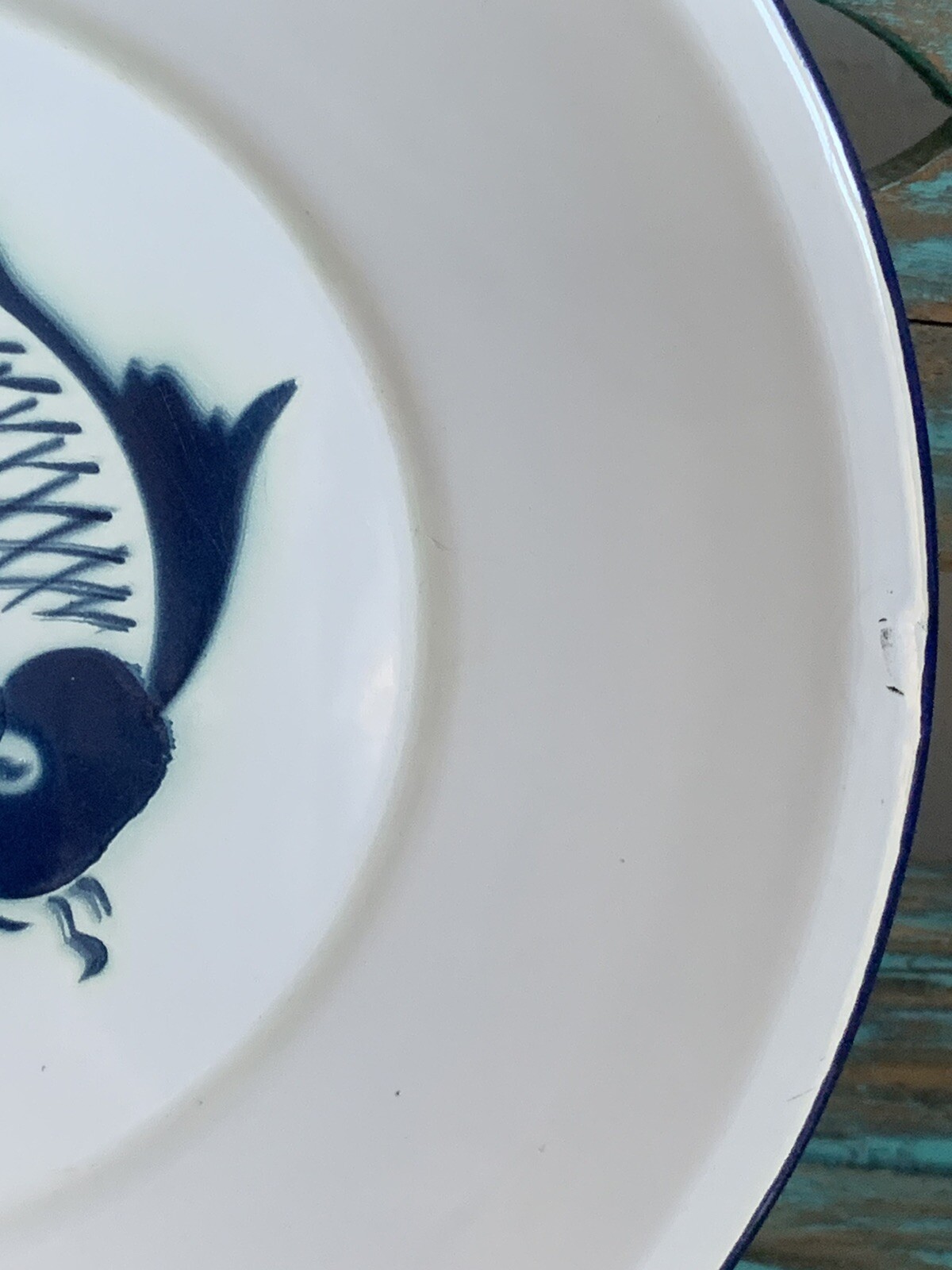 Butterfly Brand Enamelware 3 Koi Fish Plates 10" Cobalt Blue White