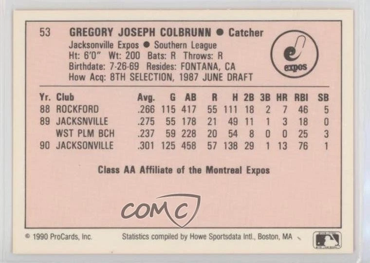 1990 ProCards A & AA Minor League Stars Greg Colbrunn #53 - Image 2 of 2