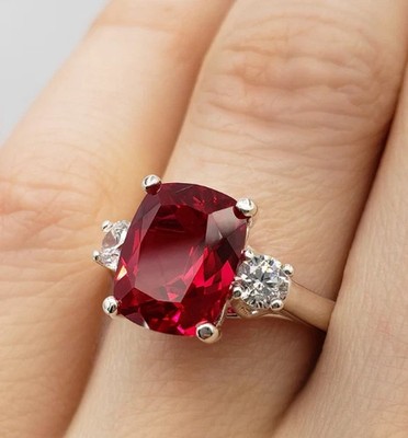 6.70 Ct Cushion Cut Natural Ruby Diamond Engagement Ring 18K White Gold Size 7 8