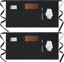 2 Pack Server Apron - Waist Half Aprons for Waitress with 3 Pockets, Black Short
