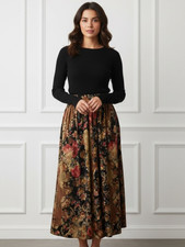 Womens Vintage 80s floral Print silk Skirt high waistband, full skirt M