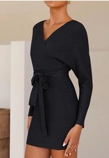 Zesica Women's Wrap Bodycon Sweater V-Neck Navy Dress Size Medium