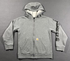 Carhartt Full Zip Hoodie Sweatshirt Youth Boys Large 14/16 Gray Logo Sleeve Work