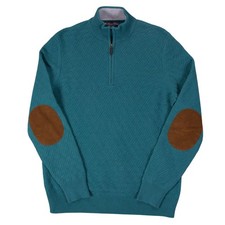 Brooks Brothers Mens L Green Cashmere Wool Knit 1/4 Zip Sweater Elbow Patch
