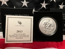 2013-p 5 Oz Burnished Atb Mount Rushmore Silver Coin (box, Coa)