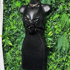 Lulus Dress Small Black Sequin Halter Mini 3D Rosette Backless Bodycon 3856