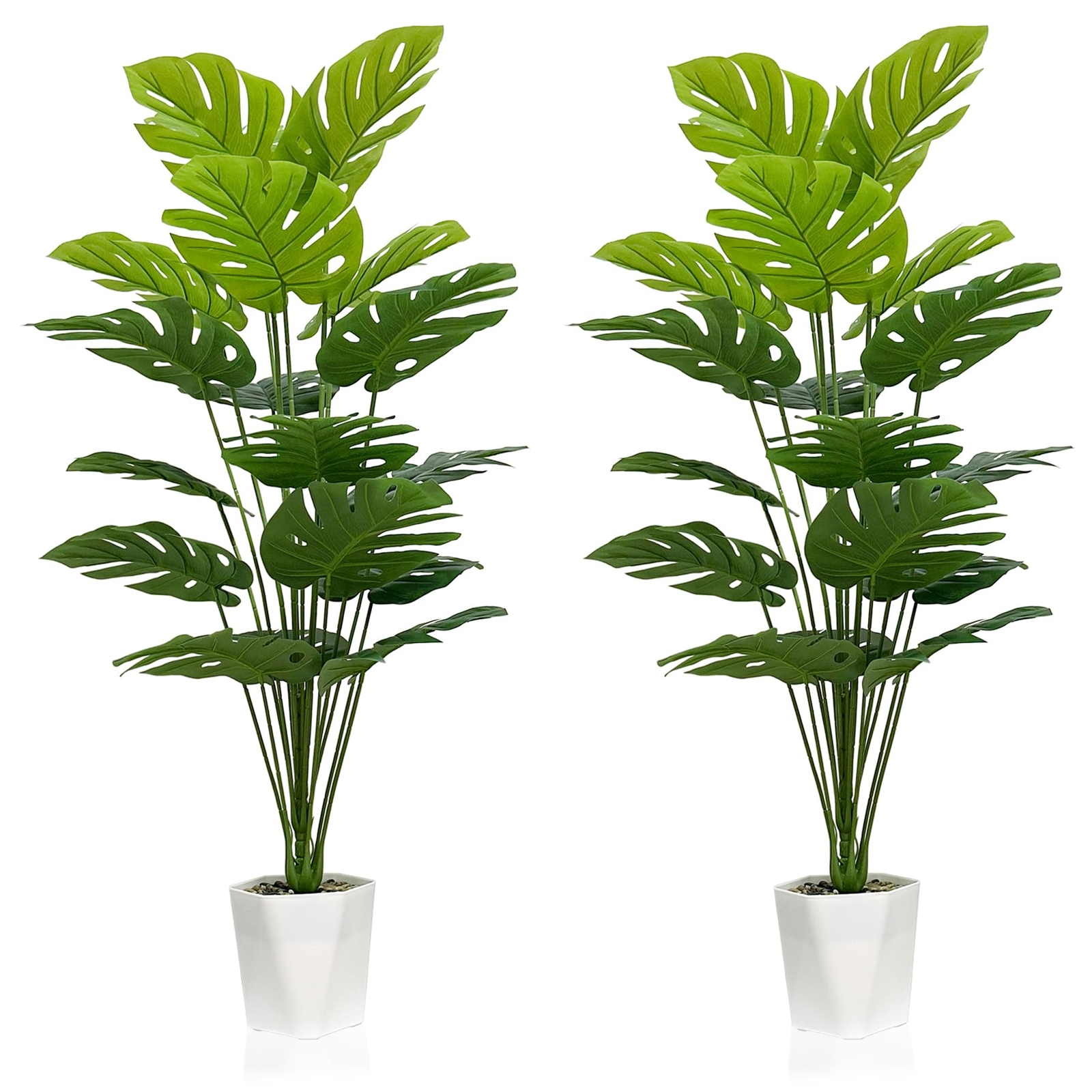 Set of 2 Artificial Monstera Deliciosa Plants in Pots, Fake Tropical Palm Tre...