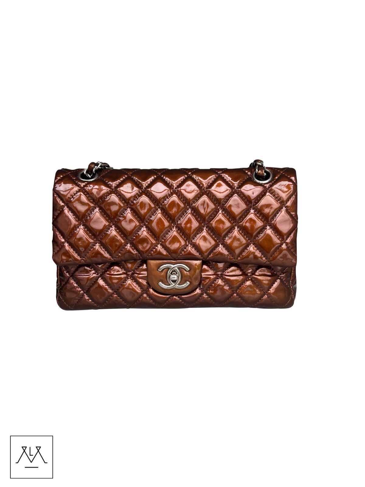 Chanel Double Flap Bag Metallic Bronze Patent Leather - 100percent Authentic