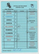 5-12-15 Chicago White Sox - Game Used Lineup Card - Chris Sale & Jose Abreu