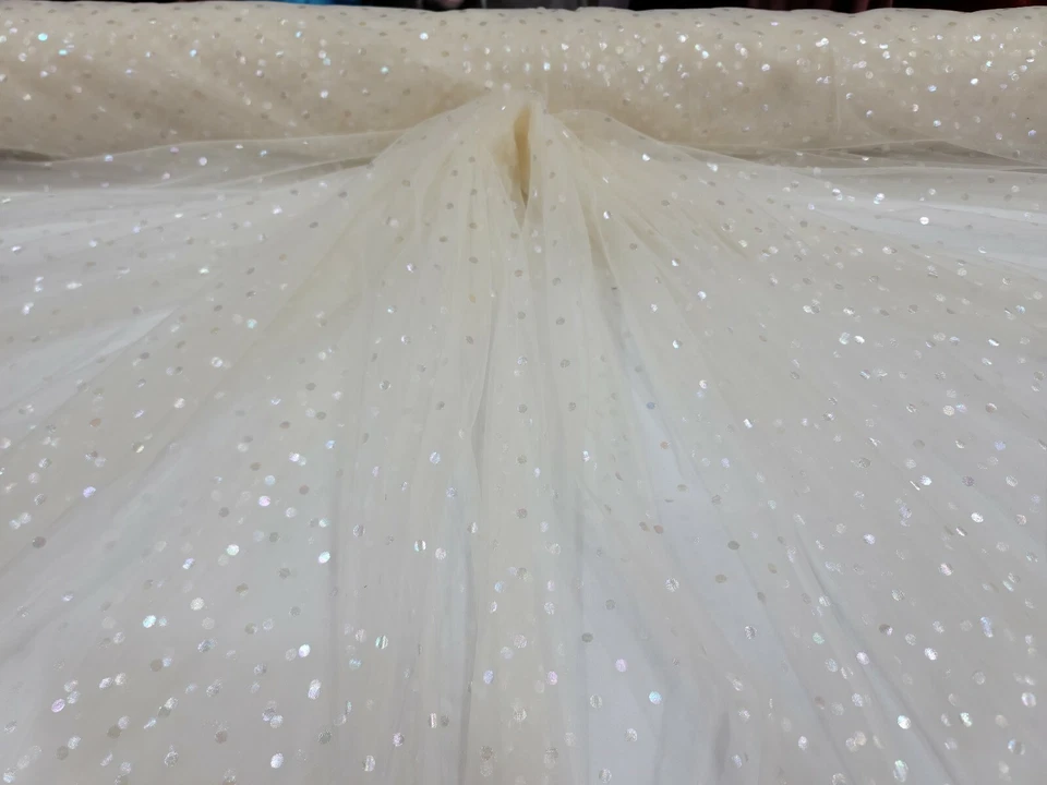 Polka Dot TULLE, Fabric By The Yard Ivory Lace Iridescent Polka-dot  For Dress - Image 3 of 4