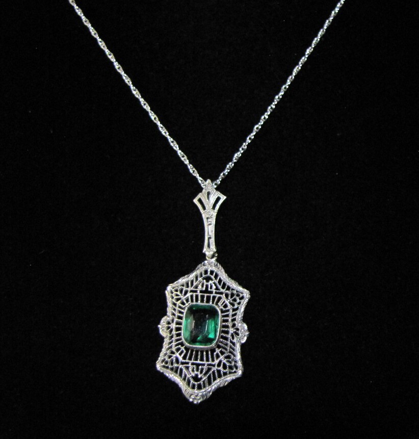 Antique Synthetic Emerald 10K Pendant 14K Necklace 16