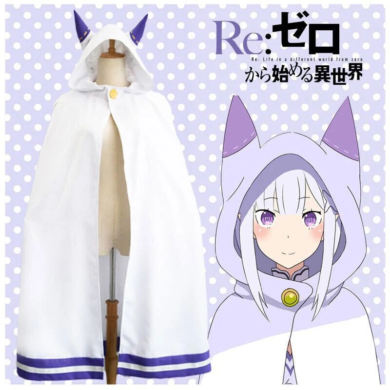 Anime Re:Zero Emilia Cosplay Capa con Capucha Orejas de Gato Capa Abrigo Uniforme Disfraz S-L Foto 2 de 4