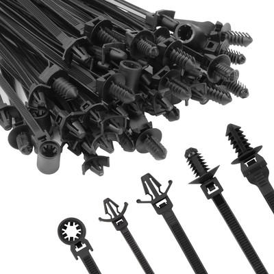 110 PCS Heavy-Duty Black Push Mount Cable Zip Ties - UV Resistant Assorted Sizes