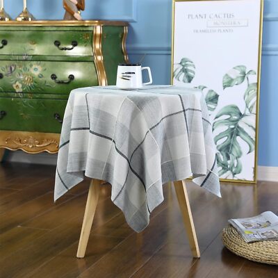 Small Square Rustic Checkered Tablecloth Beige and Gray Heavy Duty Embroidery...