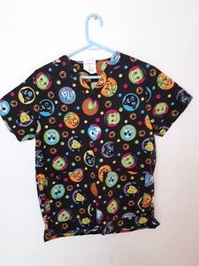 Halloween Scrub Top Womens Sz S Black Cat Dracula Vampire Ghost Skeleton Witchy