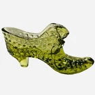Vintage Fenton Art Glass Olive Green Hobnail Cat Head Shoe Slipper Heel Boot