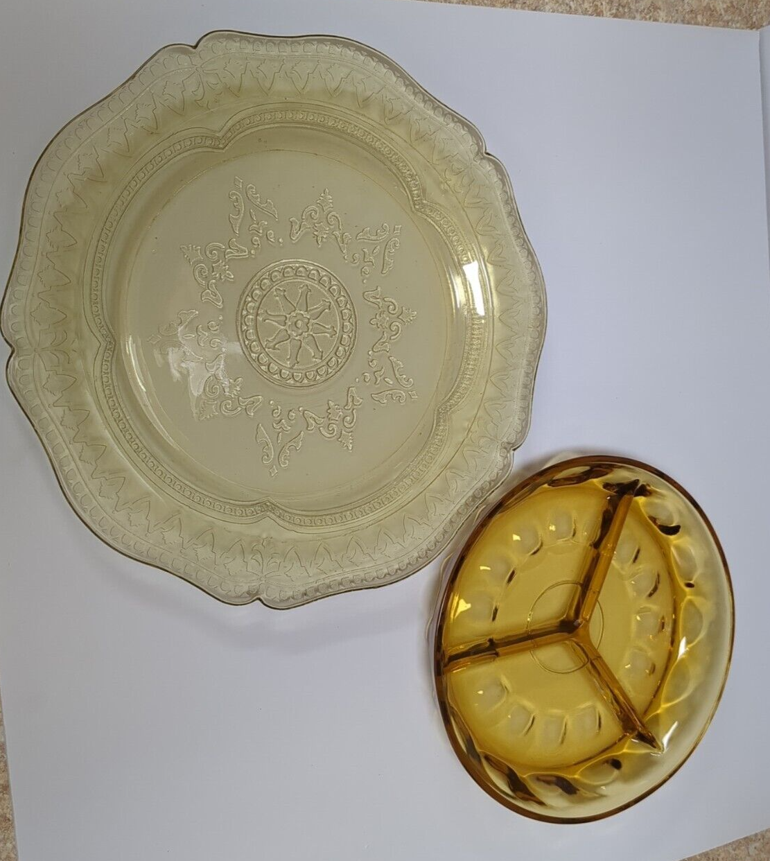 Depression Glass Amber Colored Serving Plate And Thumbprint Divided Relish Dish